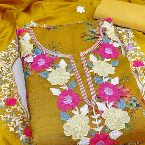 Designer Mustard Floral Digital Printed Shimmer Silk Dress Material Featuring Embroidery Work