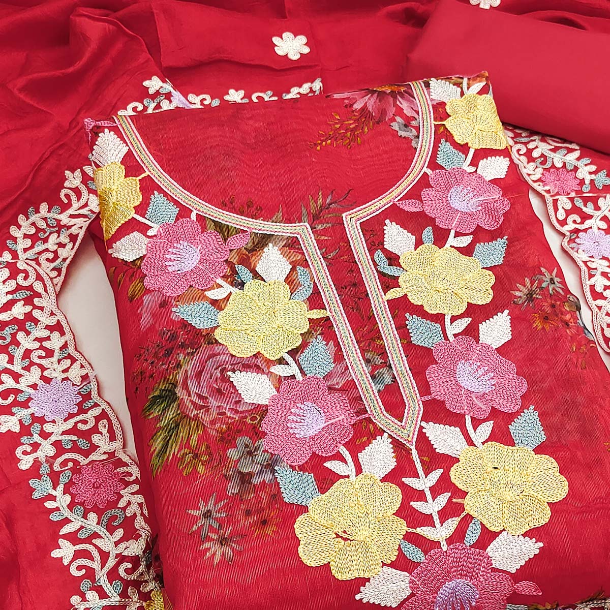 Designer Red Floral Digital Printed Shimmer Silk Dress Material Featuring Embroidery Work