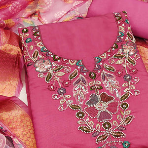 Exclusive Pink Floral Embroidery Art Silk Dress Material With Sequins & Beads Work