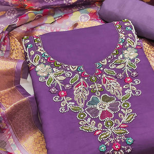 Exclusive Purple Floral Embroidery Art Silk Dress Material With Sequins & Beads Work