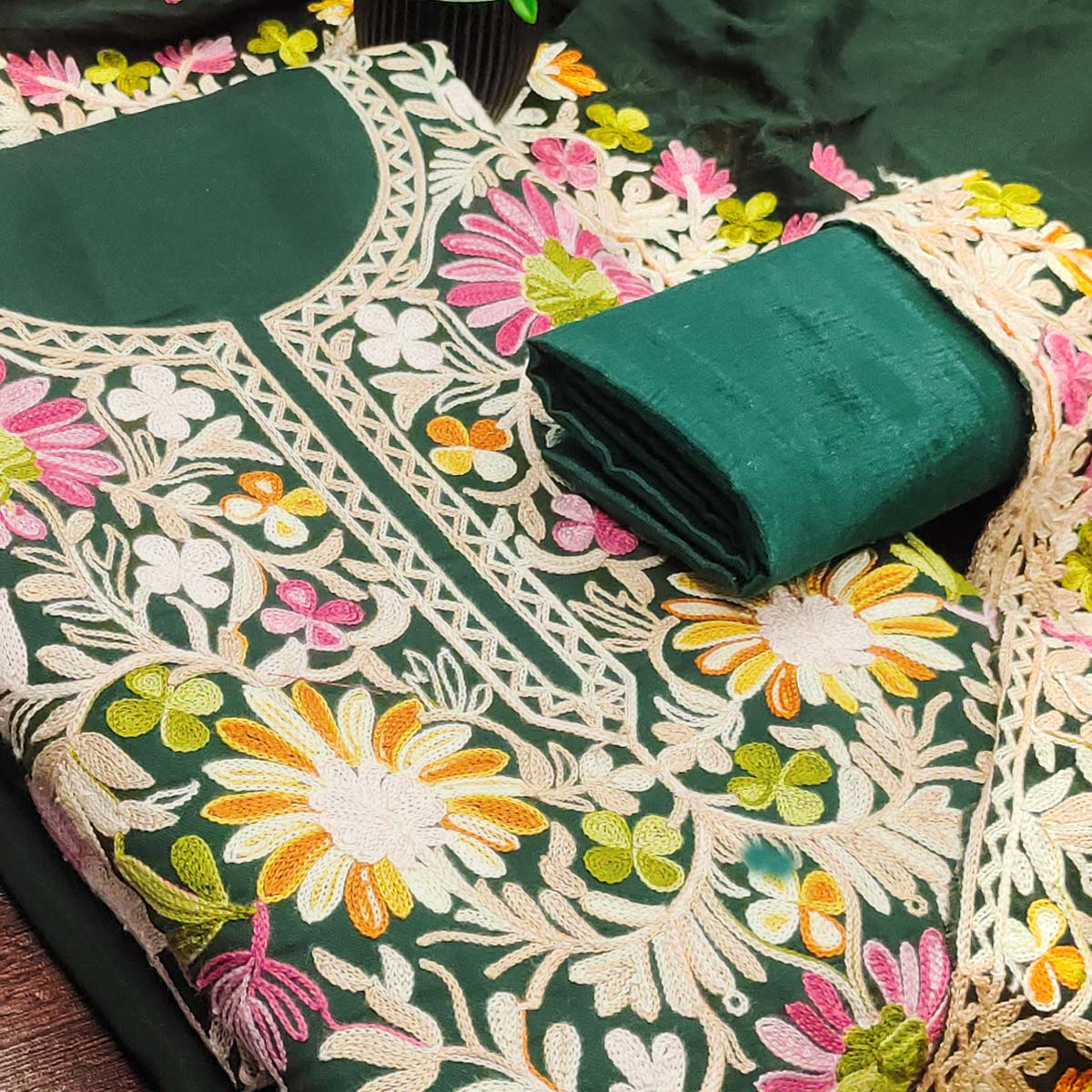 Bottle Green Designer Roman Art Silk Dress Material Adorned With Floral Thread Embroidery Work