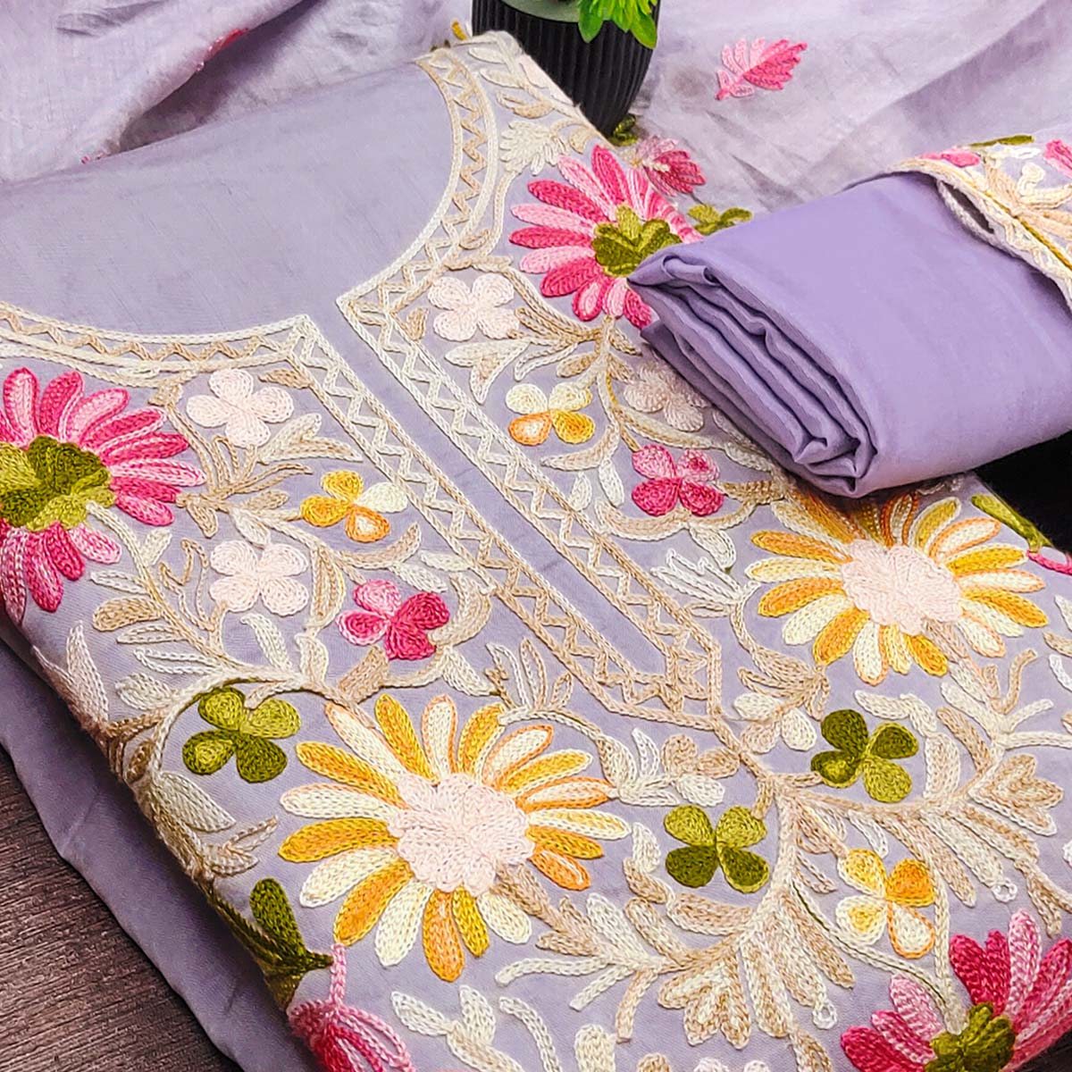 Lavender Designer Roman Art Silk Dress Material Adorned With Floral Thread Embroidery Work