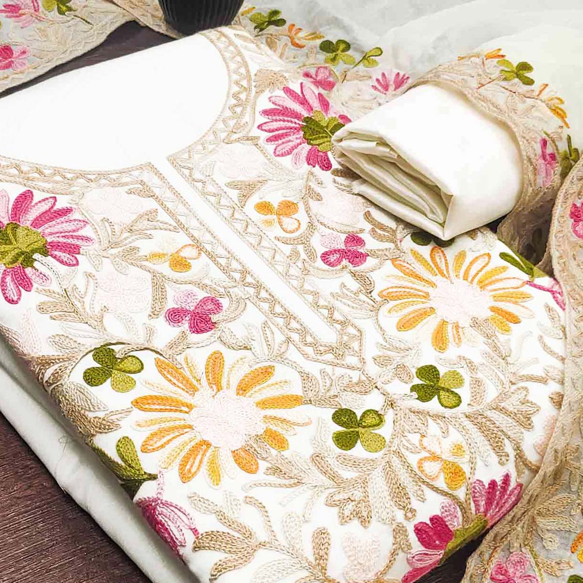 Offwhite Designer Roman Art Silk Dress Material Adorned With Floral Thread Embroidery Work