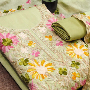 Pista Green Designer Roman Art Silk Dress Material Adorned With Floral Thread Embroidery Work