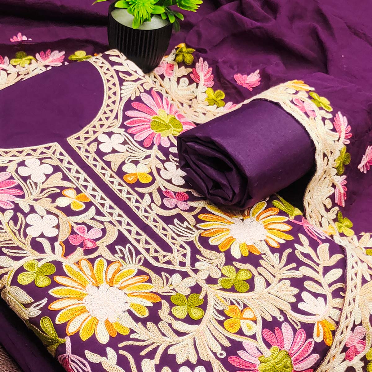 Purple Designer Roman Art Silk Dress Material Adorned With Floral Thread Embroidery Work