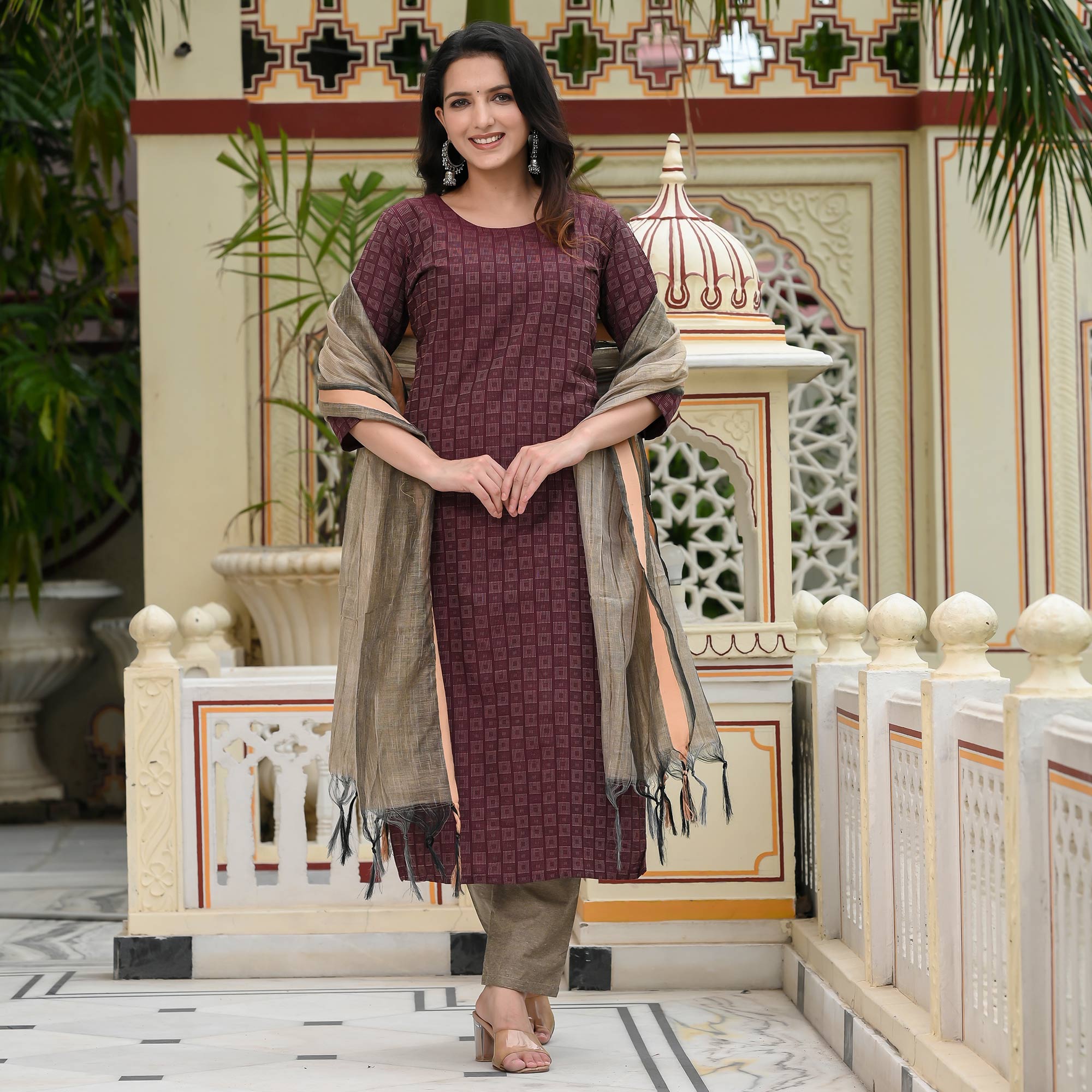 Maroon Woven Cotton Blend Dress Material