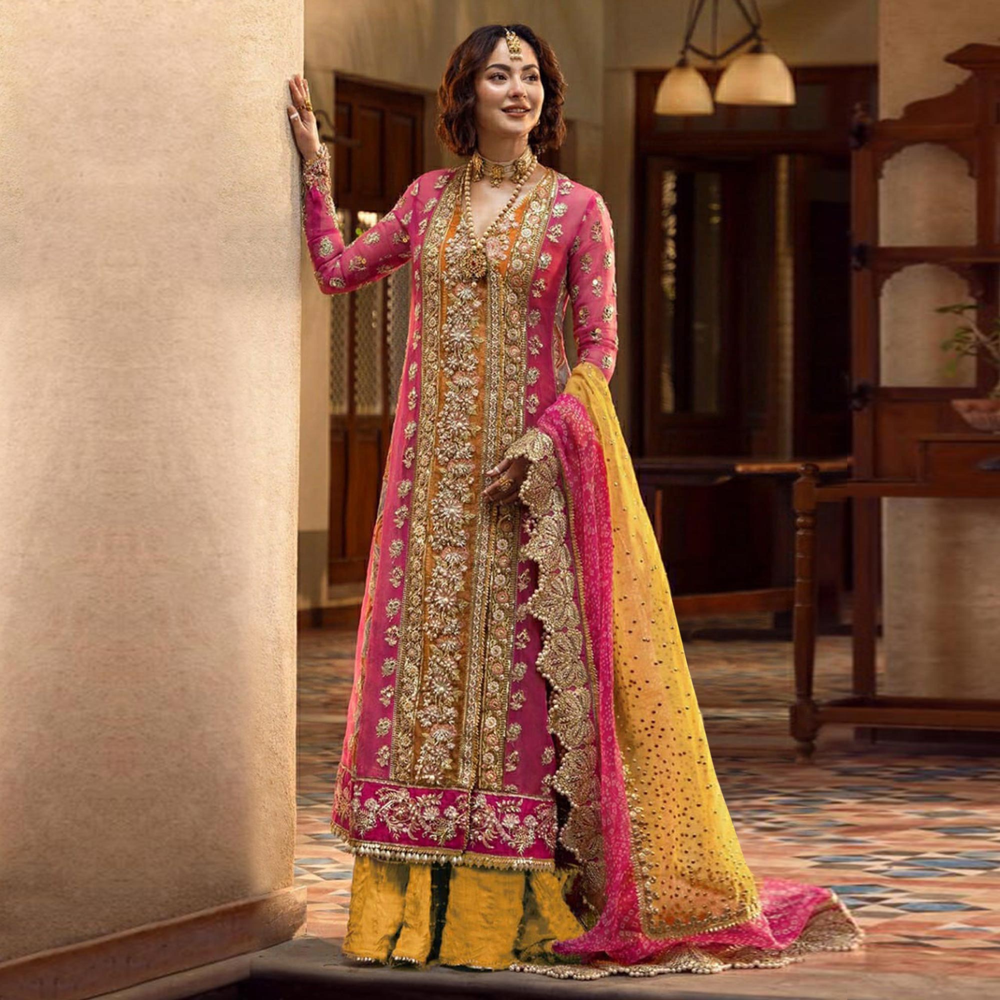 Rani Pink Floral Embroidered Organza Palazzo Suit