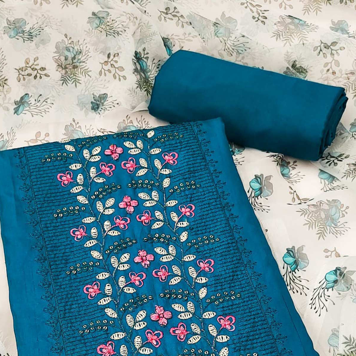 Blue Floral Embroidered Cotton Blend Dress Material