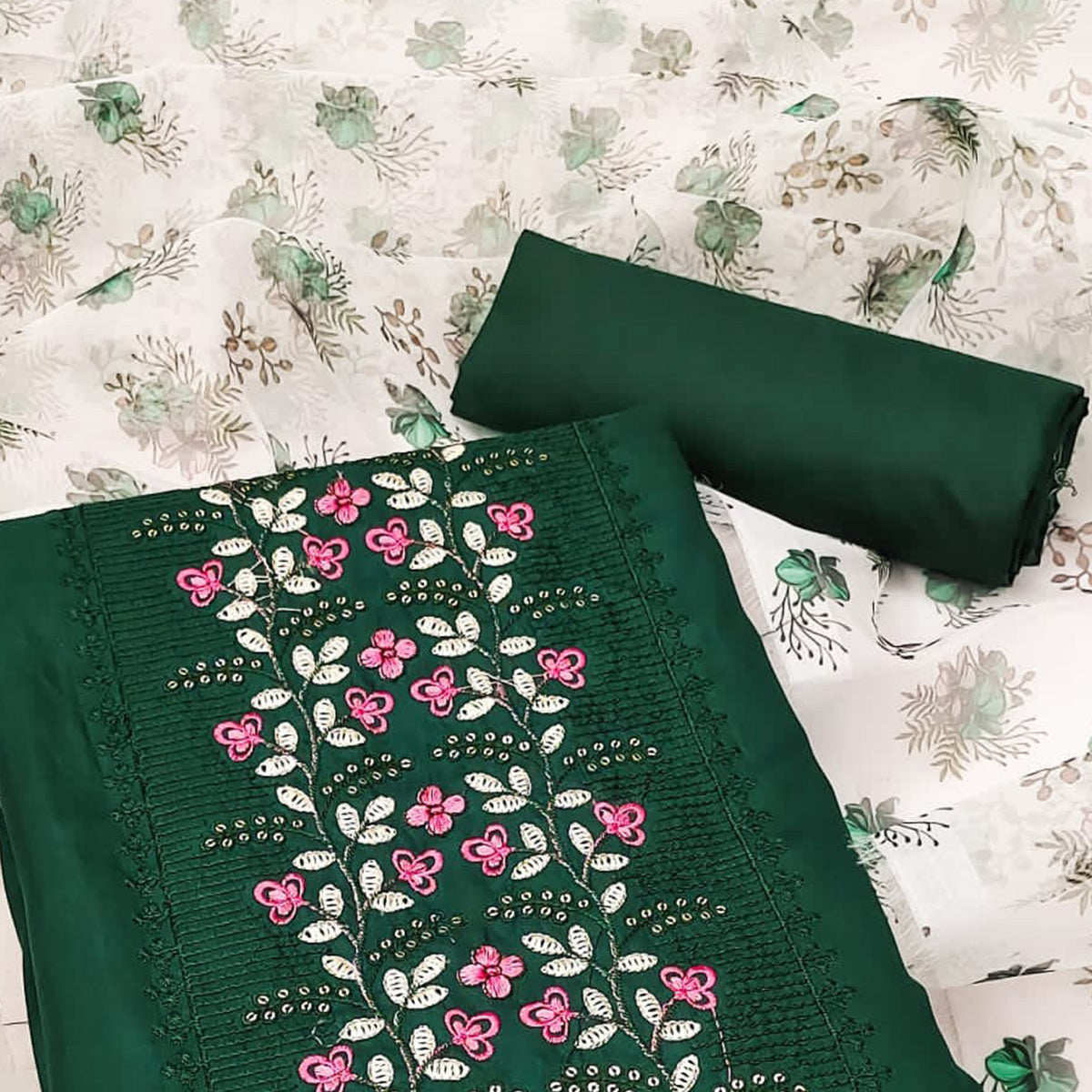 Green Floral Embroidered Cotton Blend Dress Material