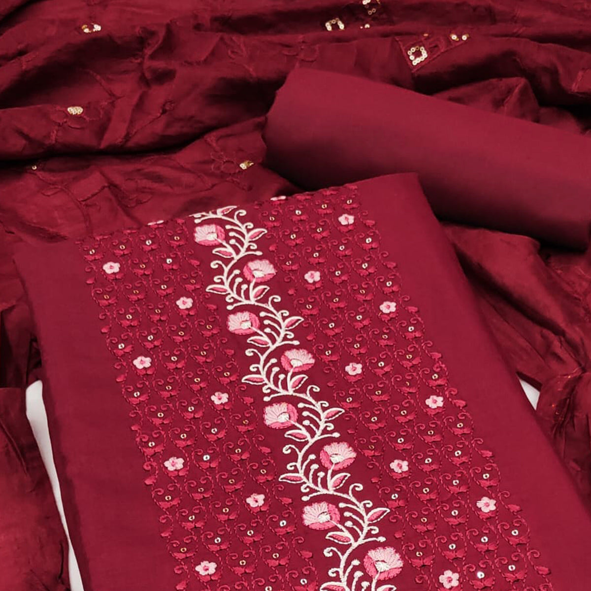 Maroon Floral Embroidered Cotton Blend Dress Material