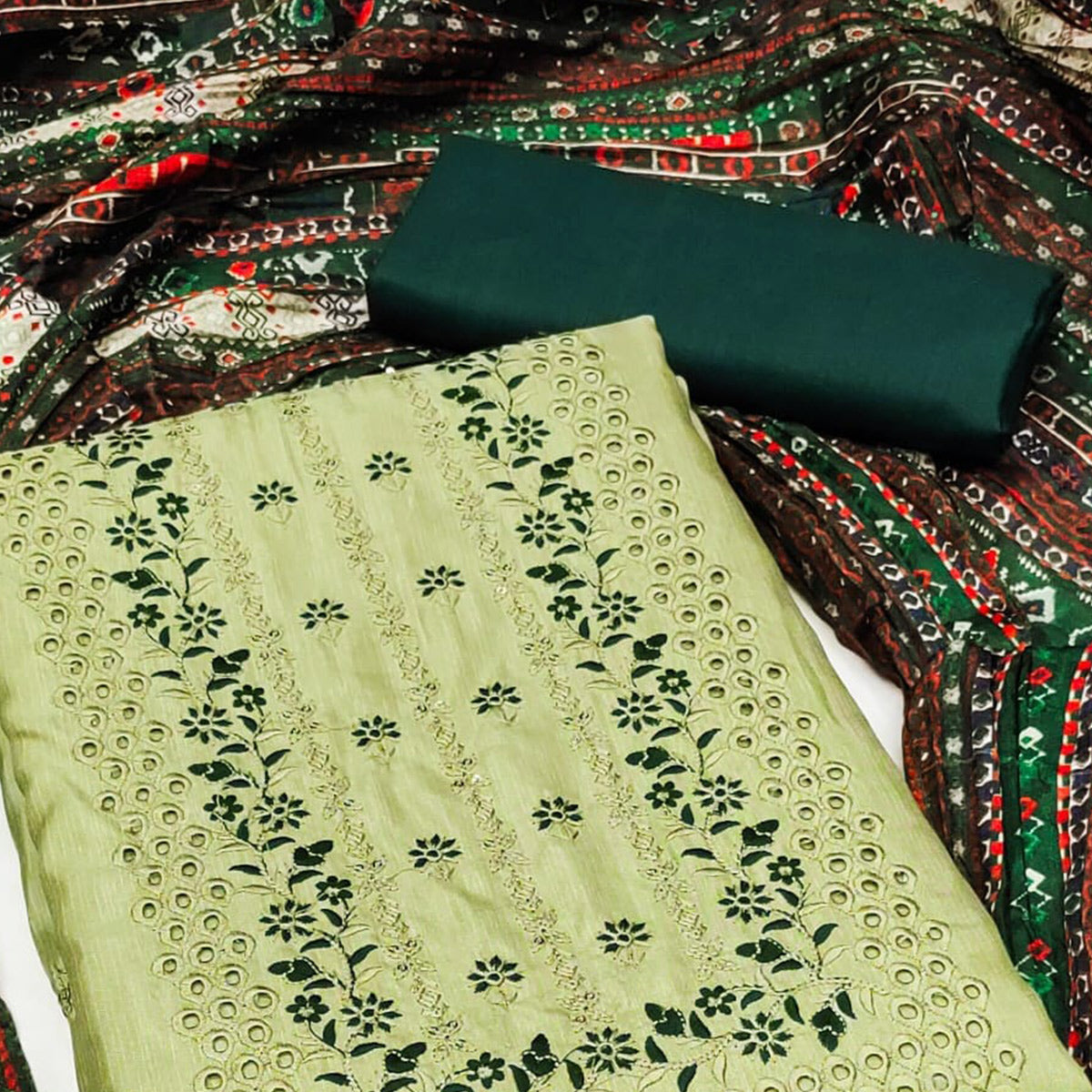 Green Floral Embroidered Cotton Blend Dress Material