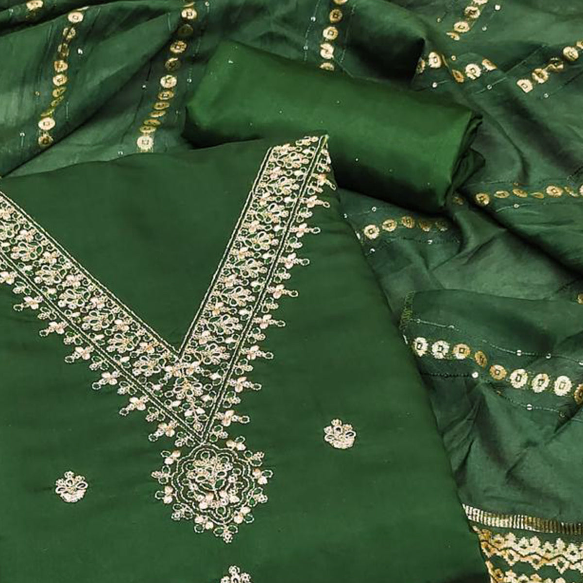 Green Embroidered Chanderi Silk Dress Material