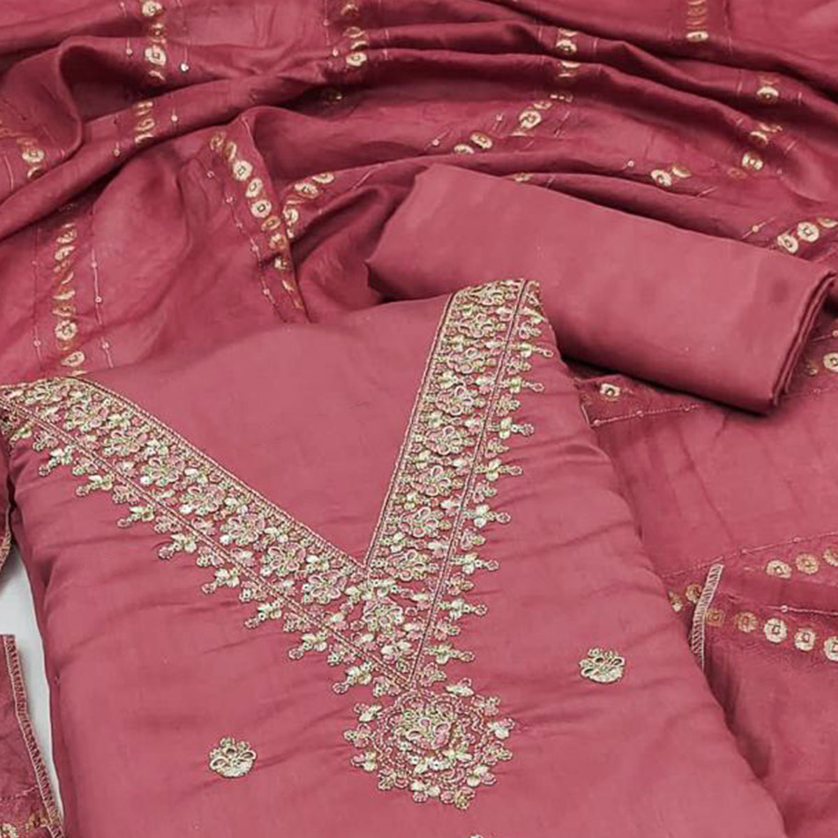 Pink Embroidered Chanderi Silk Dress Material