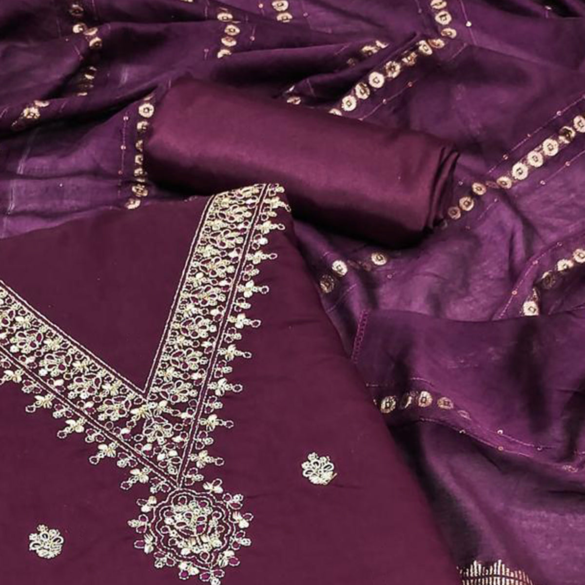 Wine Embroidered Chanderi Silk Dress Material