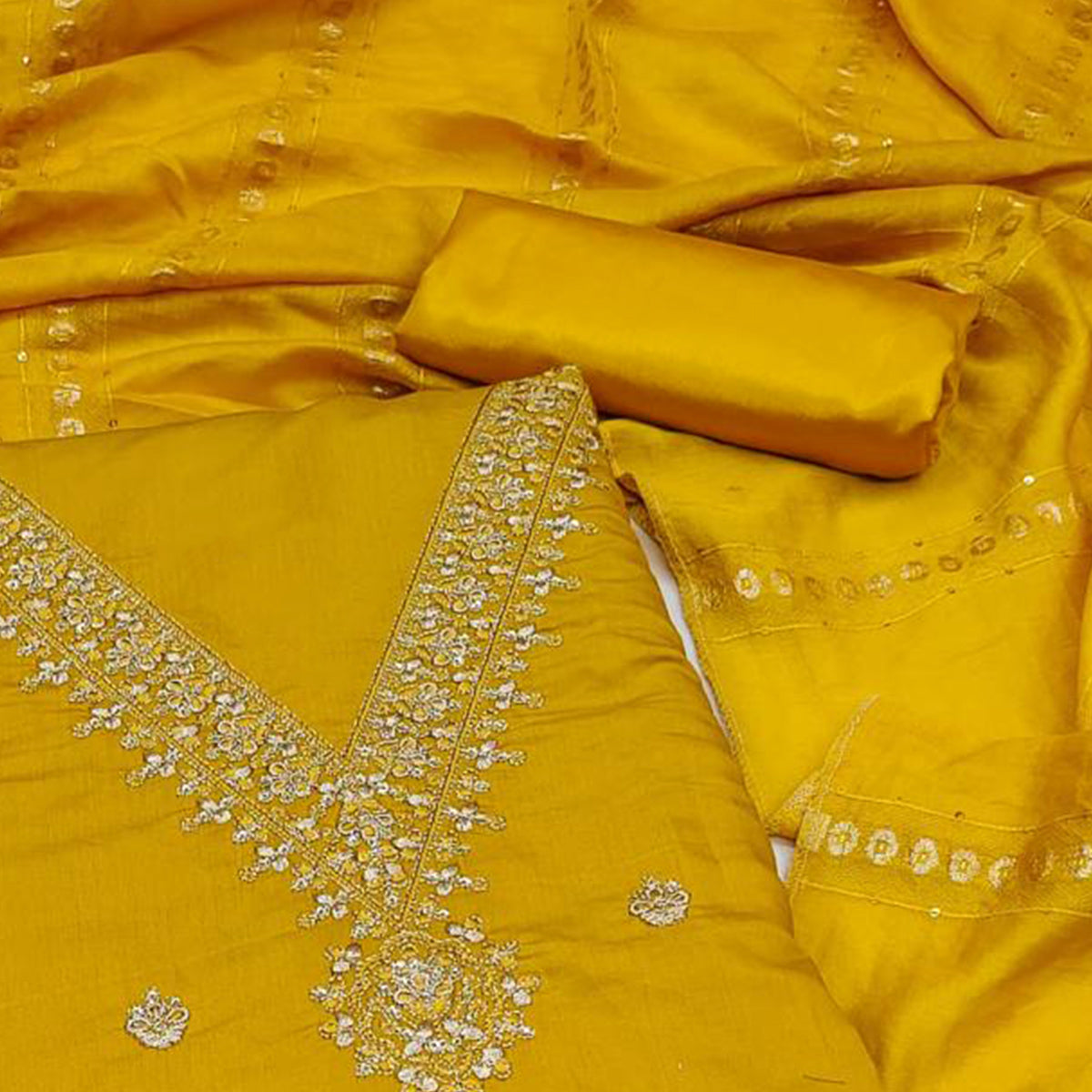 Yellow Embroidered Chanderi Silk Dress Material