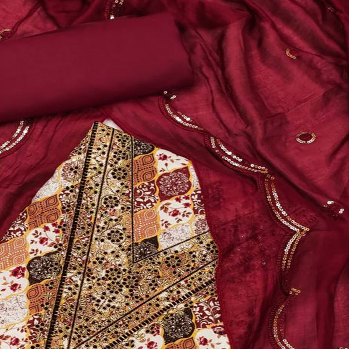 Maroon Digital Printed With Embroidered Cotton Blend Dress Material