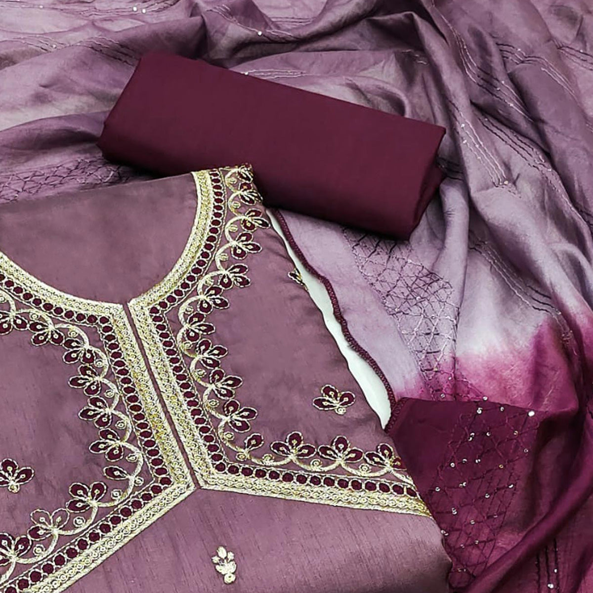 Purple Floral Embroidered Zoya Silk Dress Material