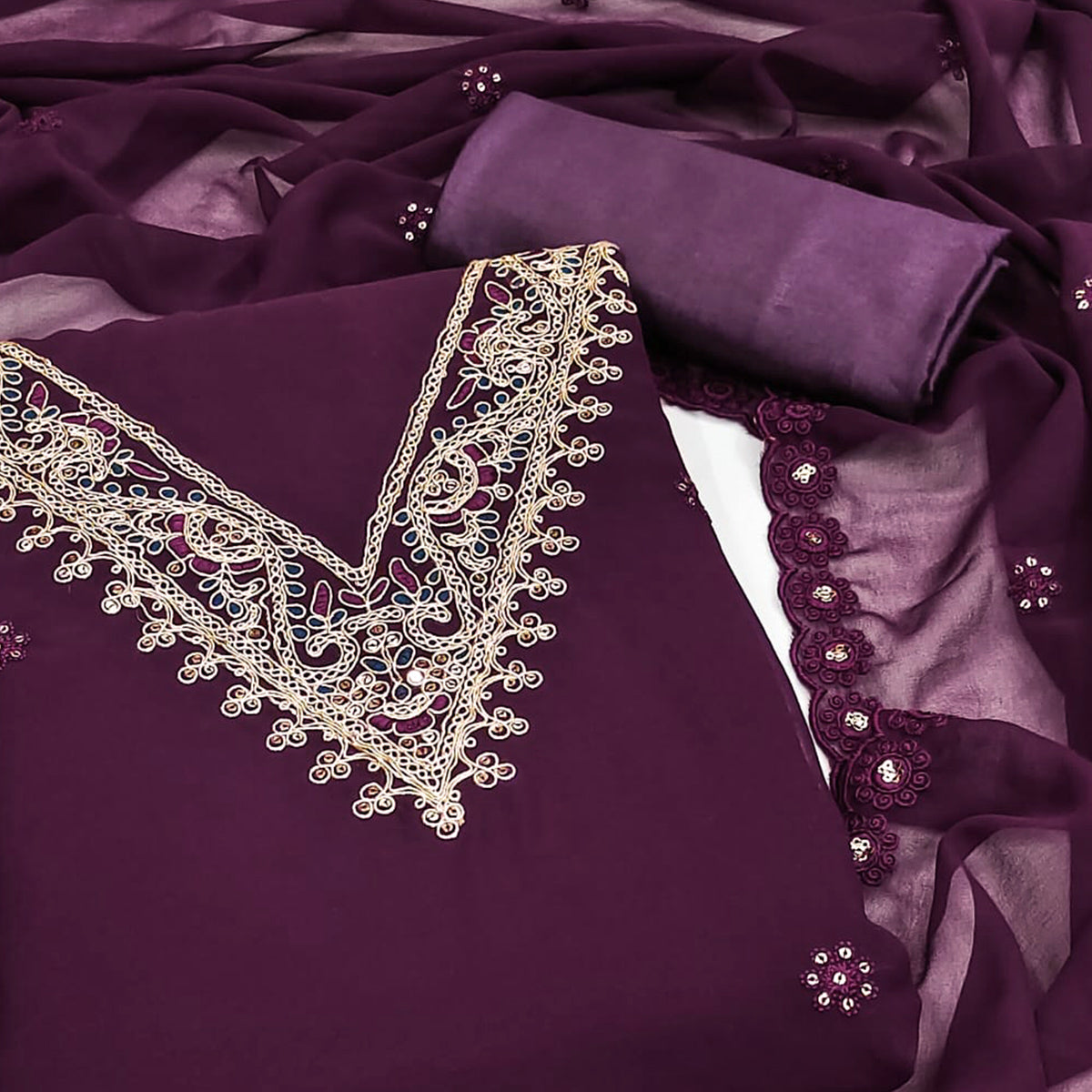 Purple Sequins Embroidered Georgette Dress Material