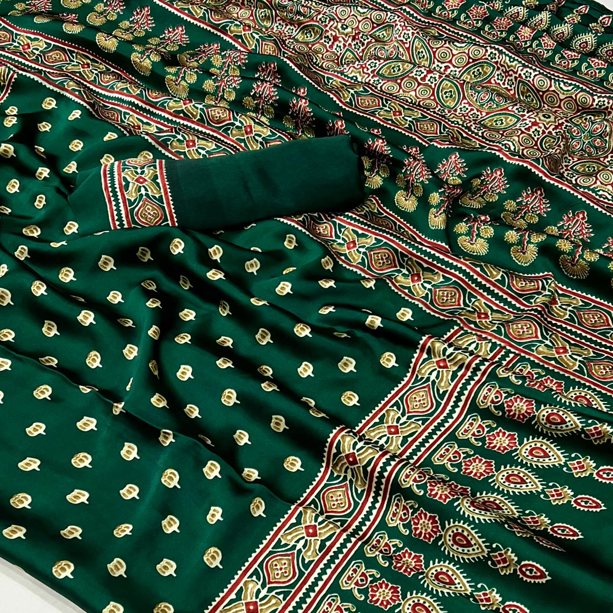 Green Ajrakh Printed Satin Saree