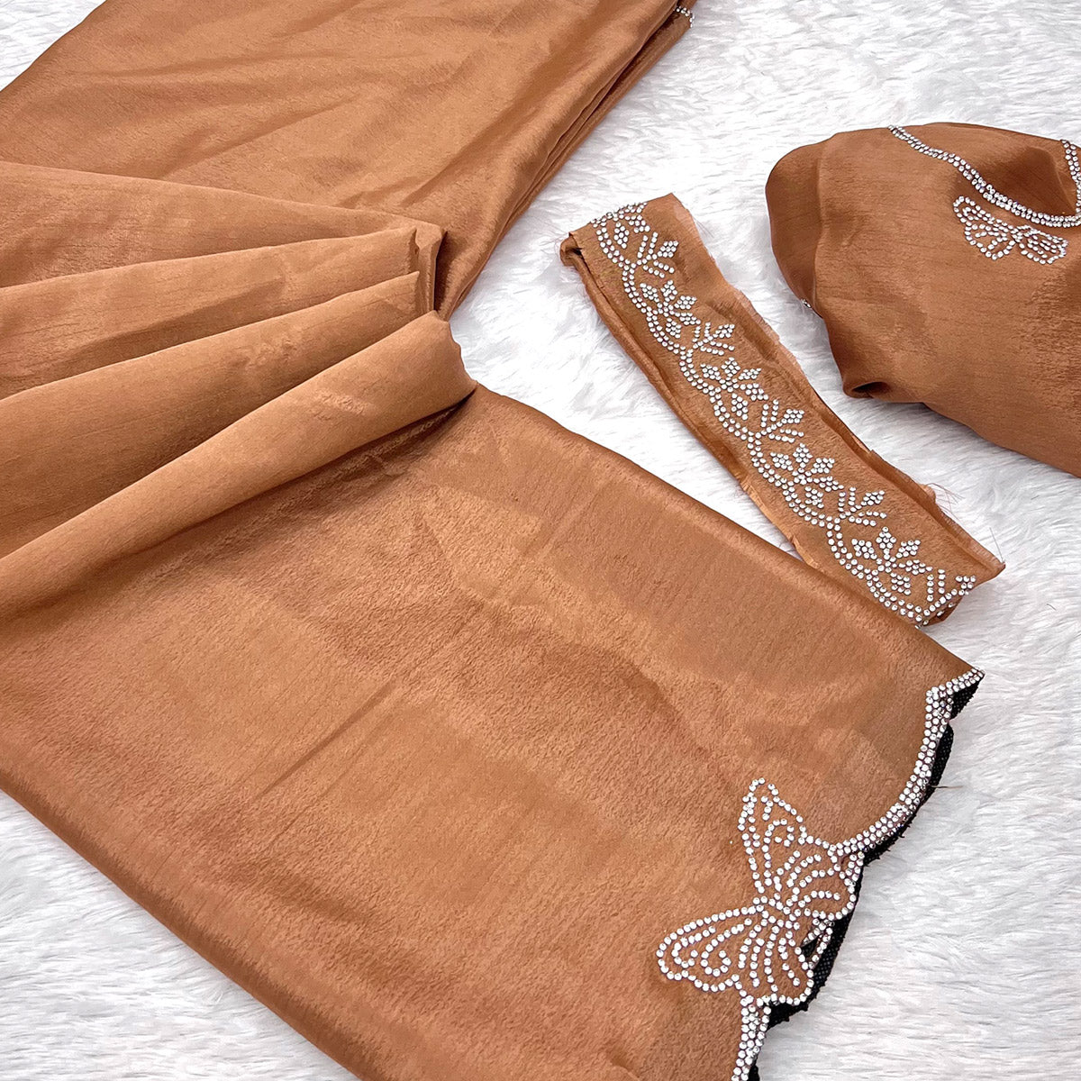 Brown Stone Work Embroidered  Chinon Saree