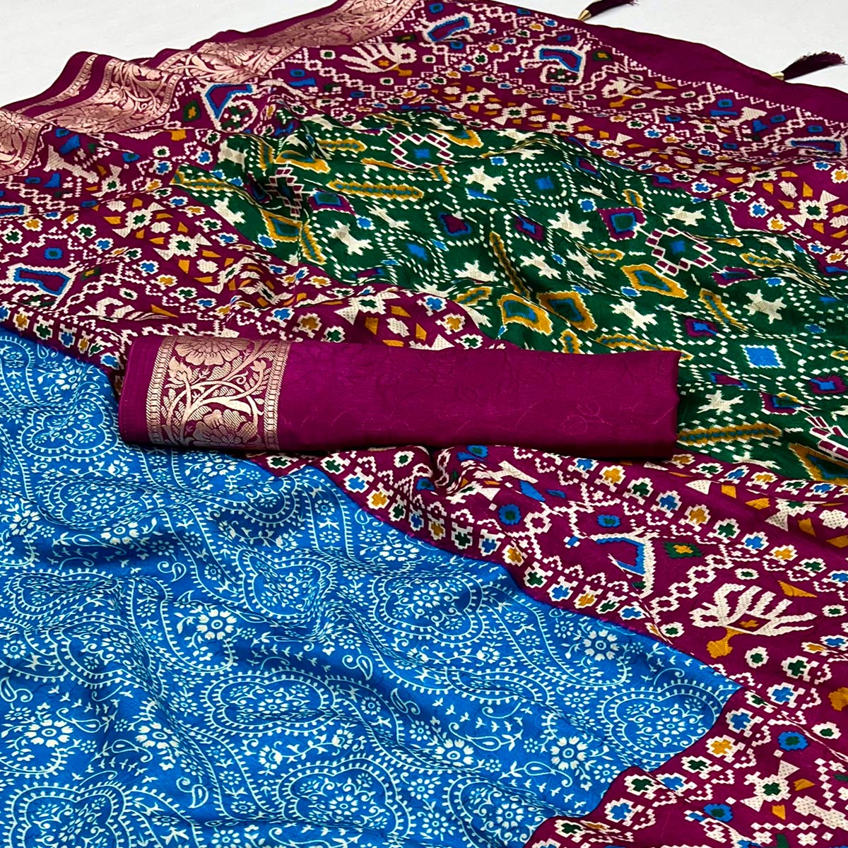 Blue & Purple Floral Printed Tussar Silk Saree With Tassels