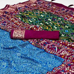 Blue & Purple Floral Printed Tussar Silk Saree With Tassels