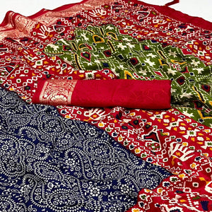 Blue & Red Floral Printed Tussar Silk Saree With Tassels