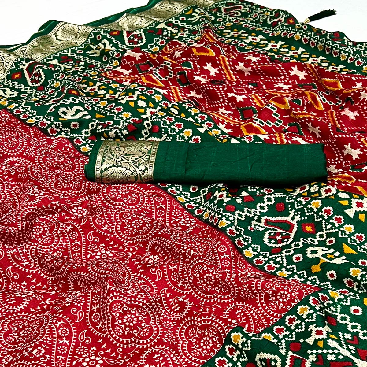 Red & Green Floral Printed Tussar Silk Saree With Tassels