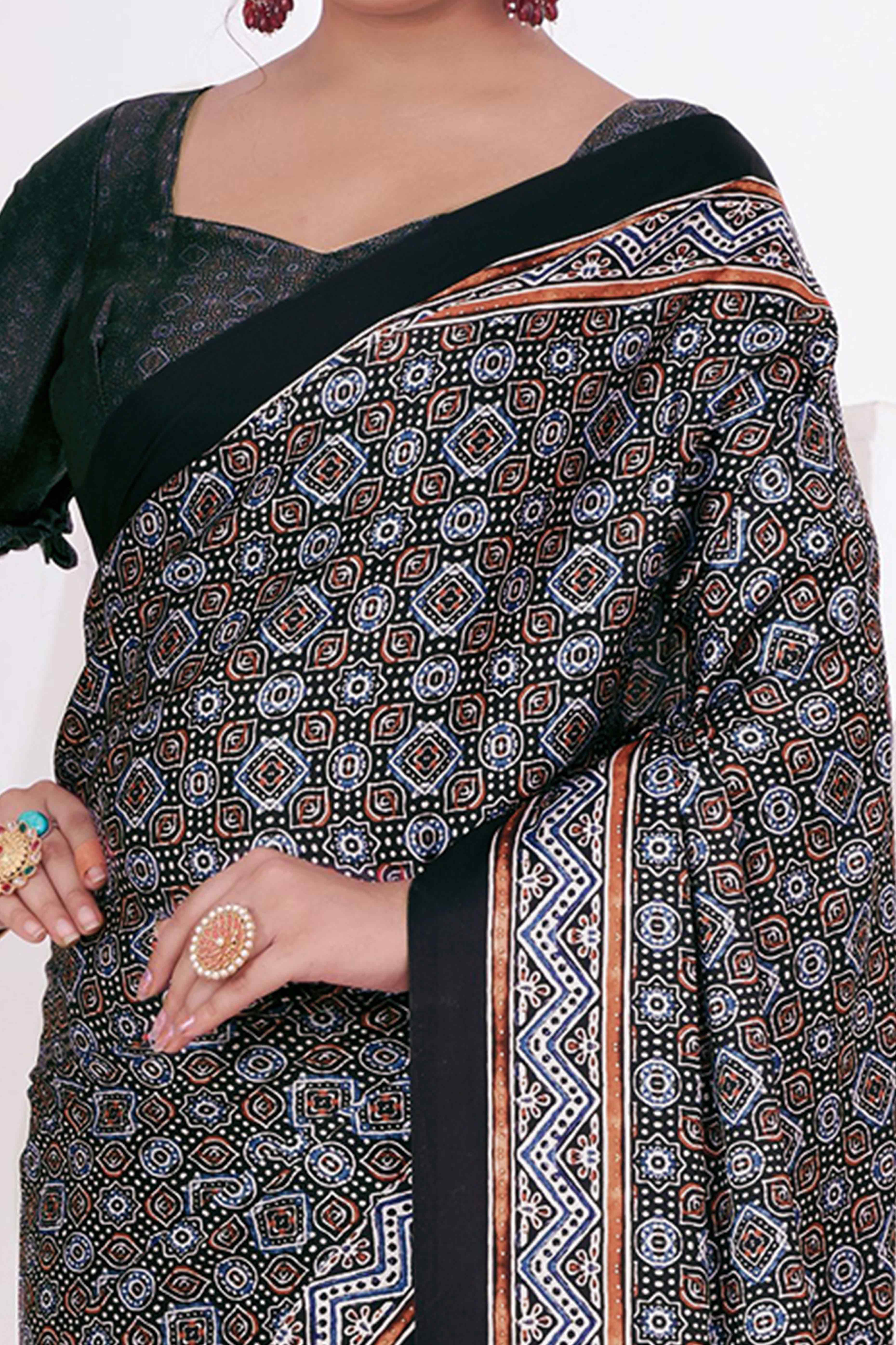 Black Digital Printed Crepe Saree