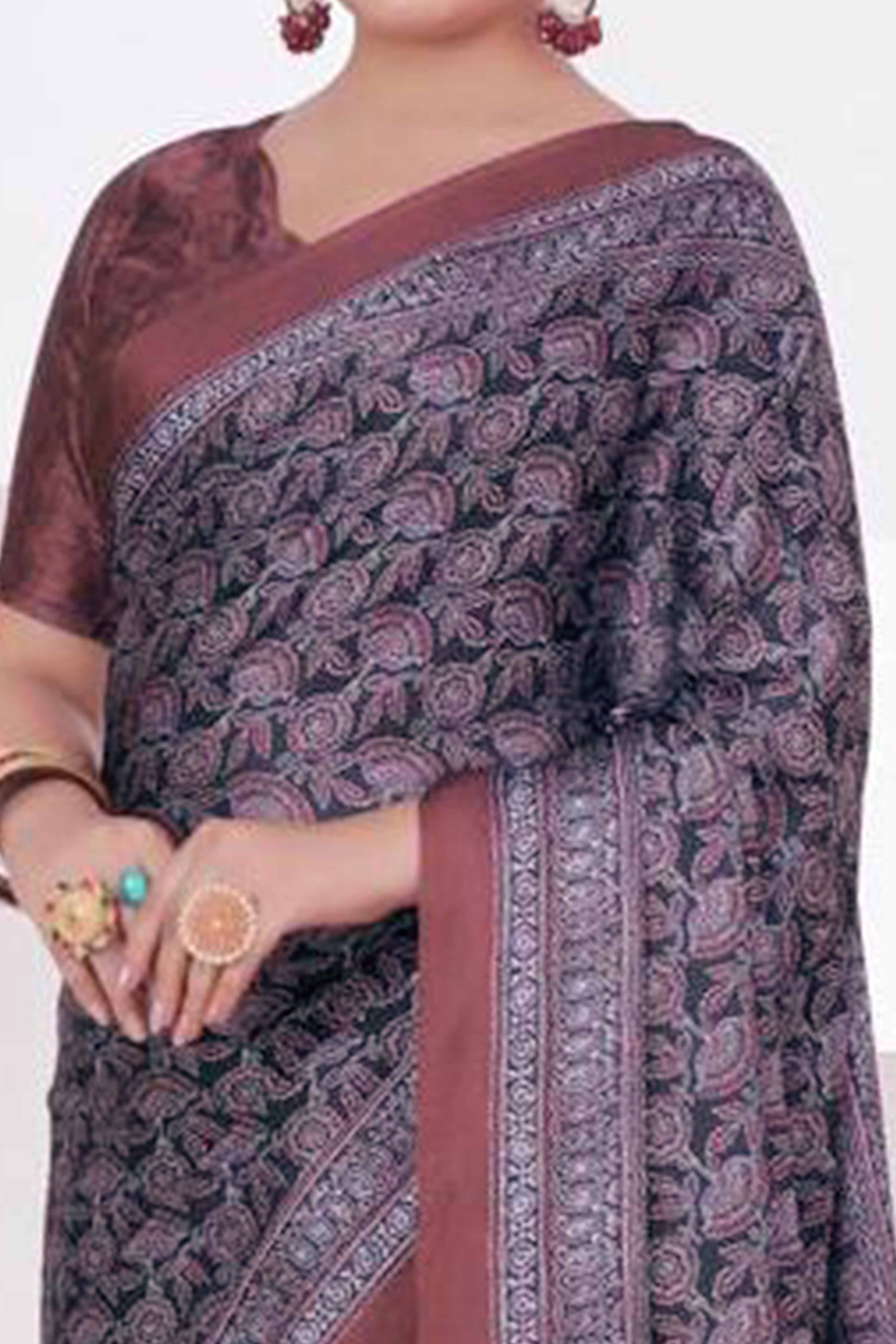 Black & Maroon Digital Printed Crepe Saree