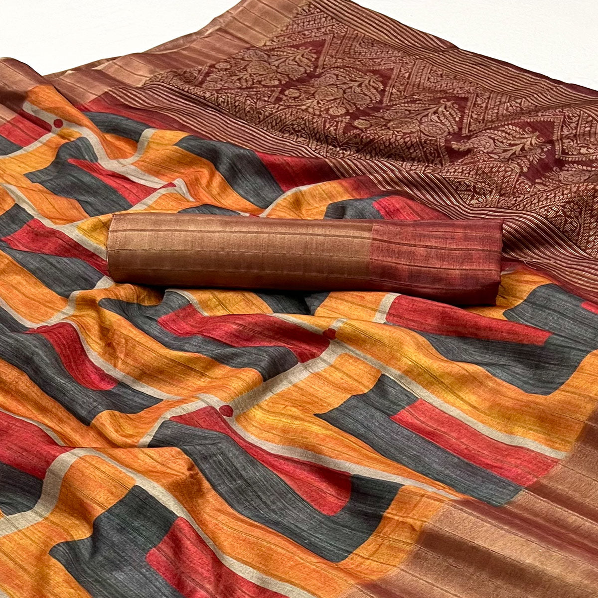 Orange & Rust Geometric Digital Printed Viscose Saree