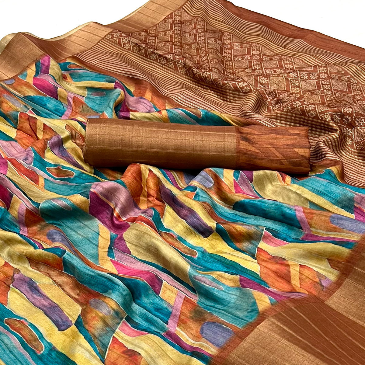 Rust Geometric Digital Printed Viscose Saree