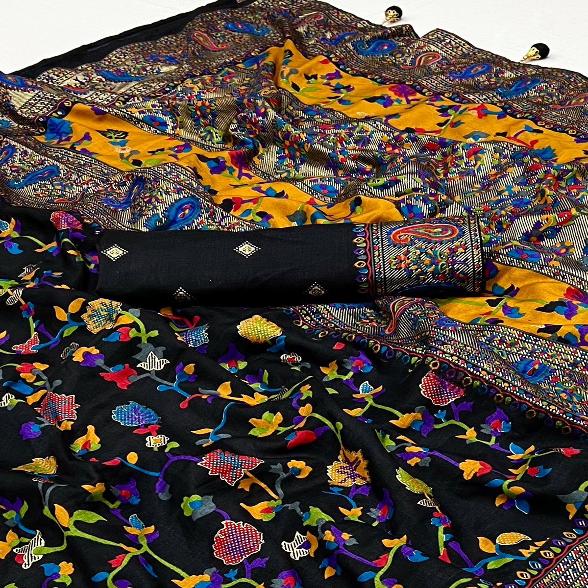 Black Floral Foil Printed Tussar Silk Saree