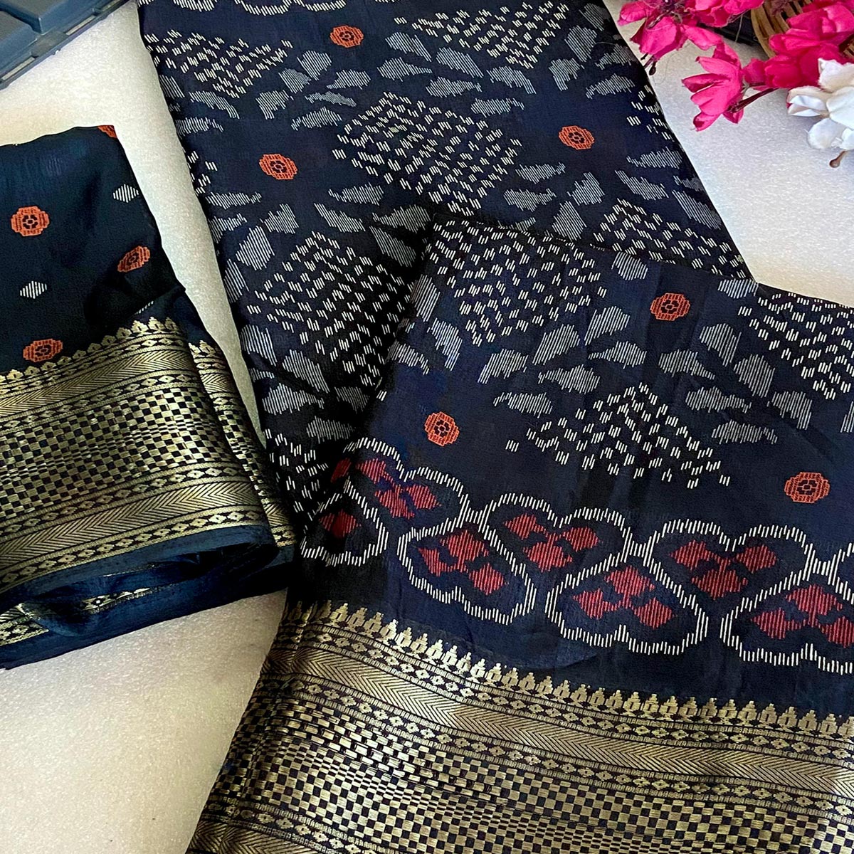 Black Ikkat Printed Cotton Silk Saree