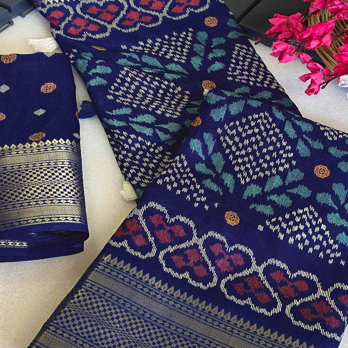 Blue Ikkat Printed Cotton Silk Saree