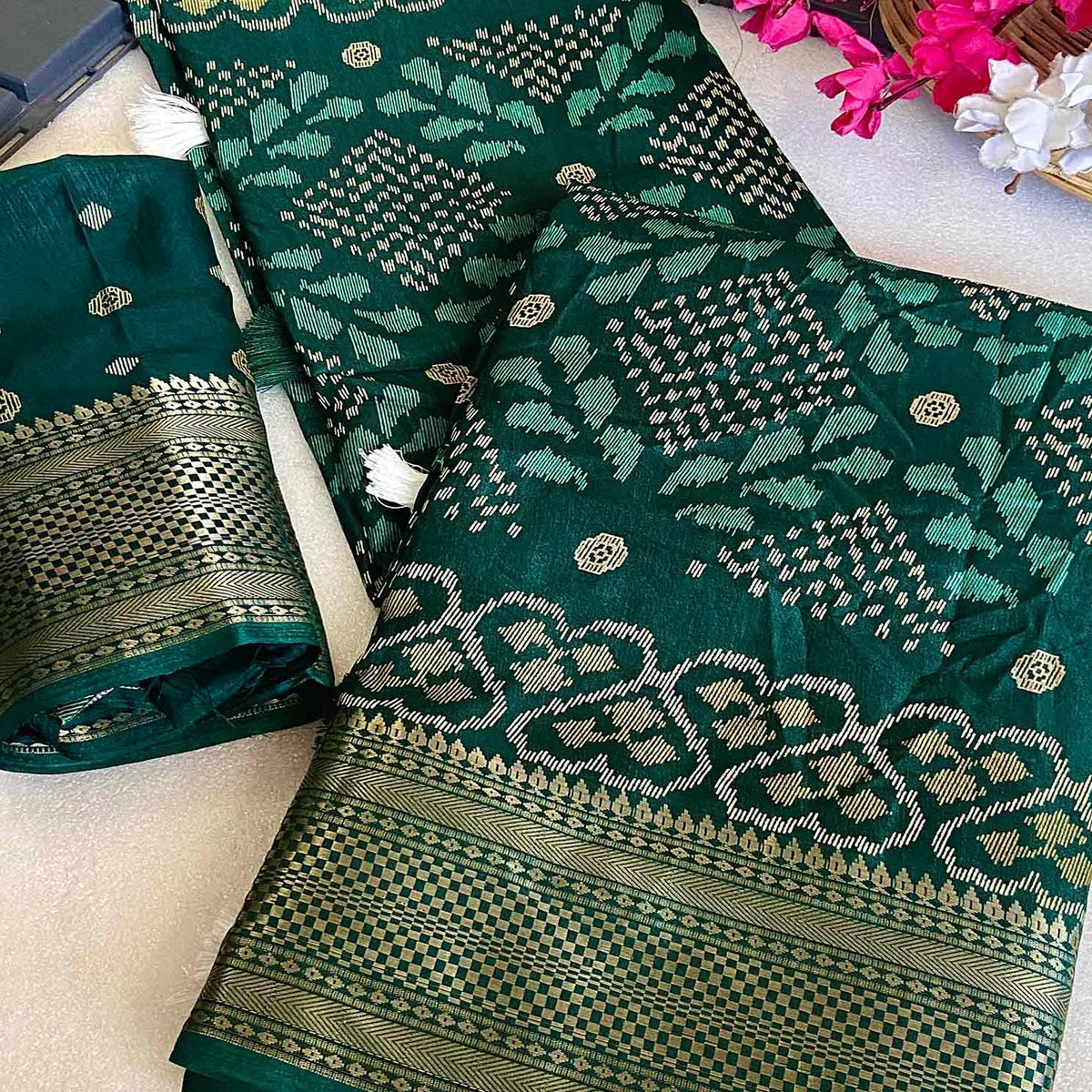 Green Ikkat Printed Cotton Silk Saree