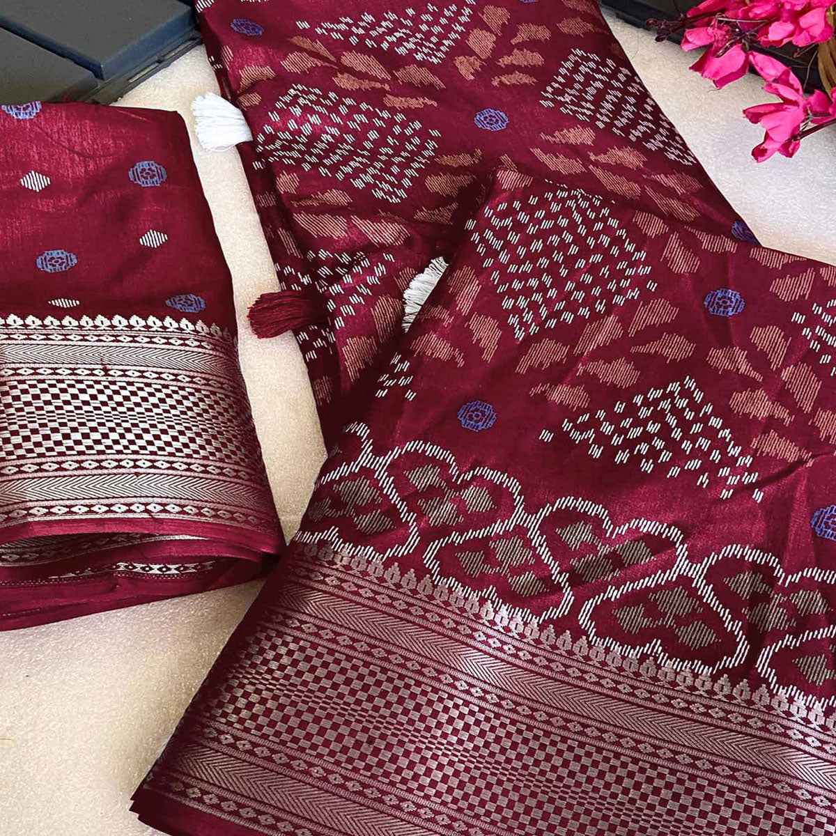 Maroon Ikkat Printed Cotton Silk Saree