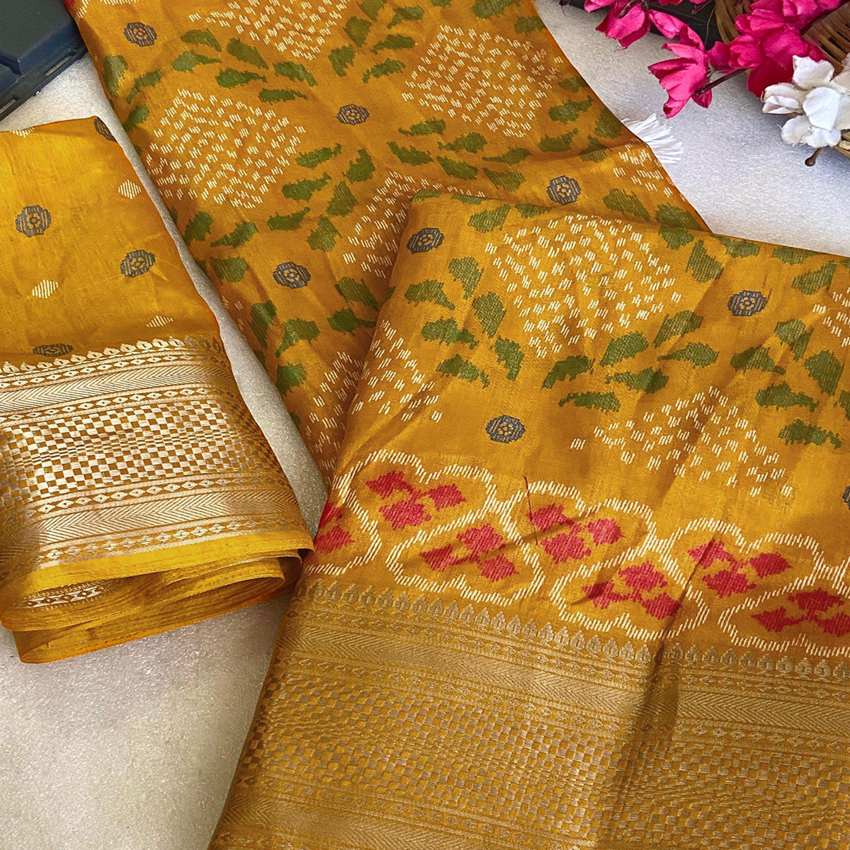 Mustard Ikkat Printed Cotton Silk Saree