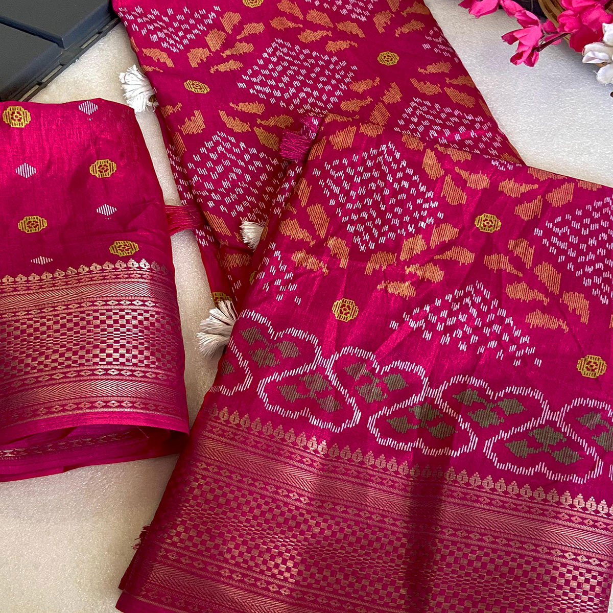 Pink Ikkat Printed Cotton Silk Saree