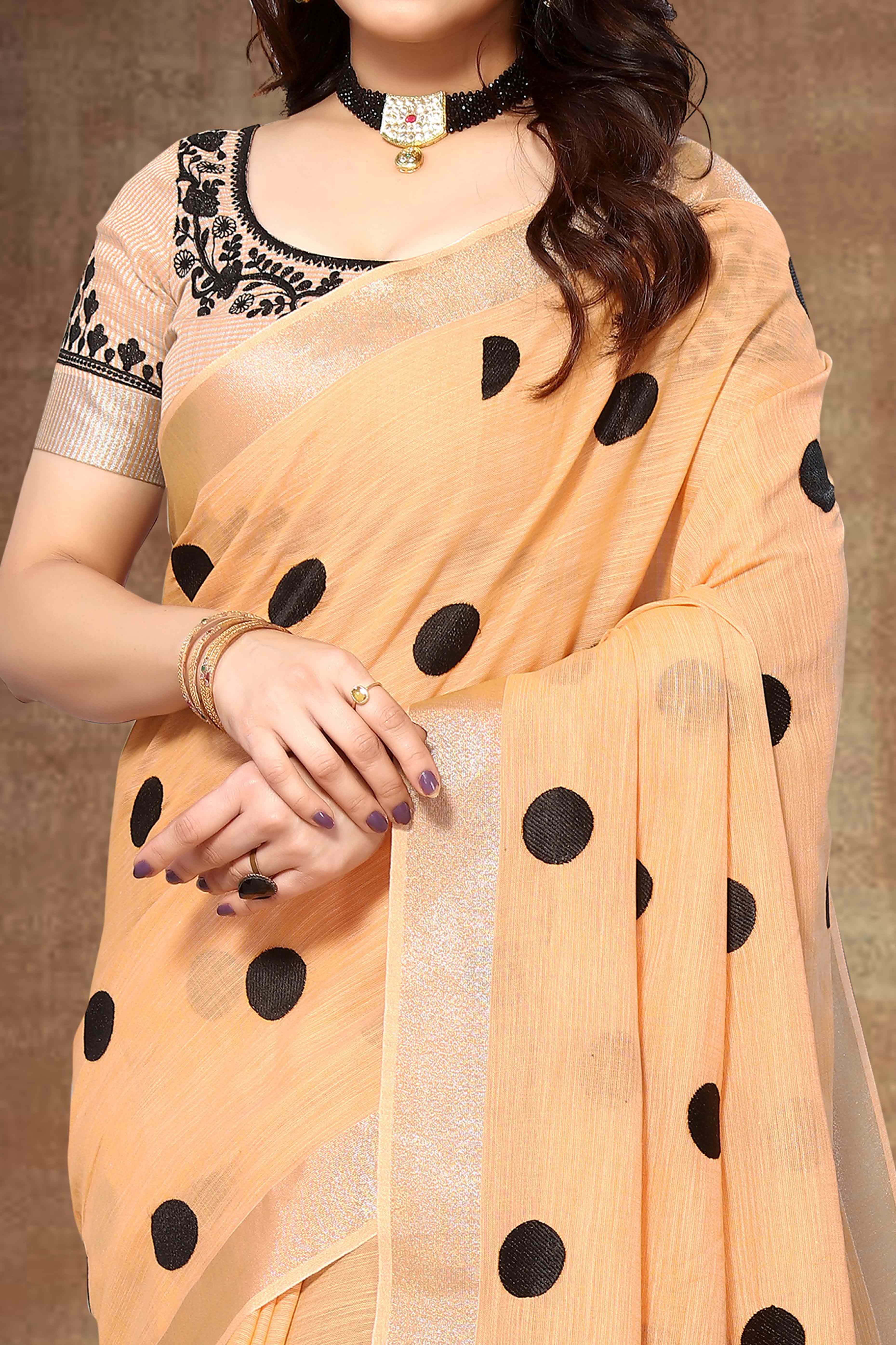 Orange Embroidered Linen Cotton Saree With Zari Border