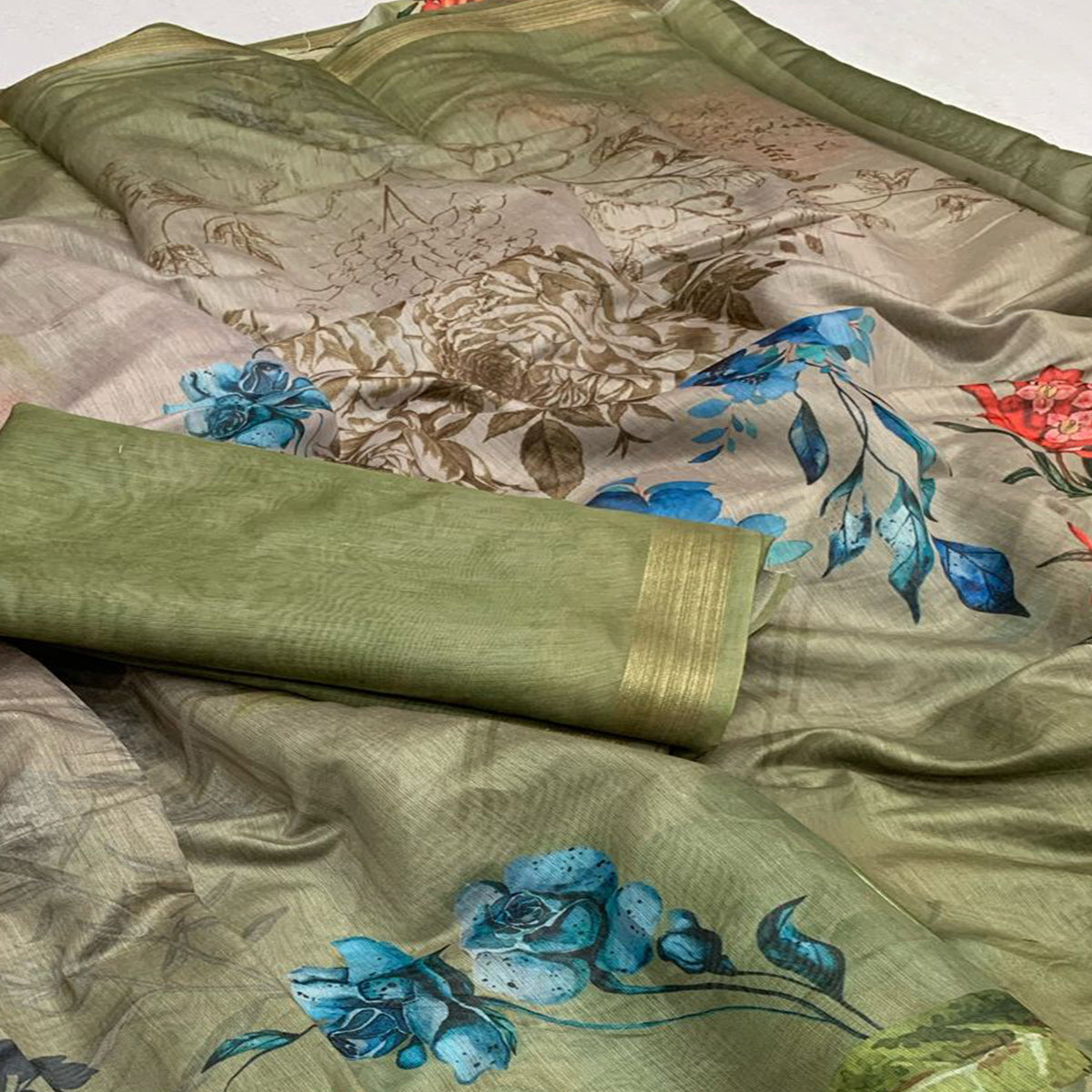 Green Floral Digital Printed Chanderi Saree