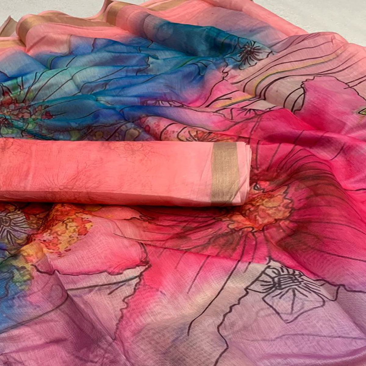 Peach Floral Digital Printed Chanderi Saree