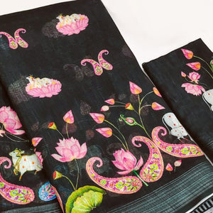 Black Digital Printed Linen Saree