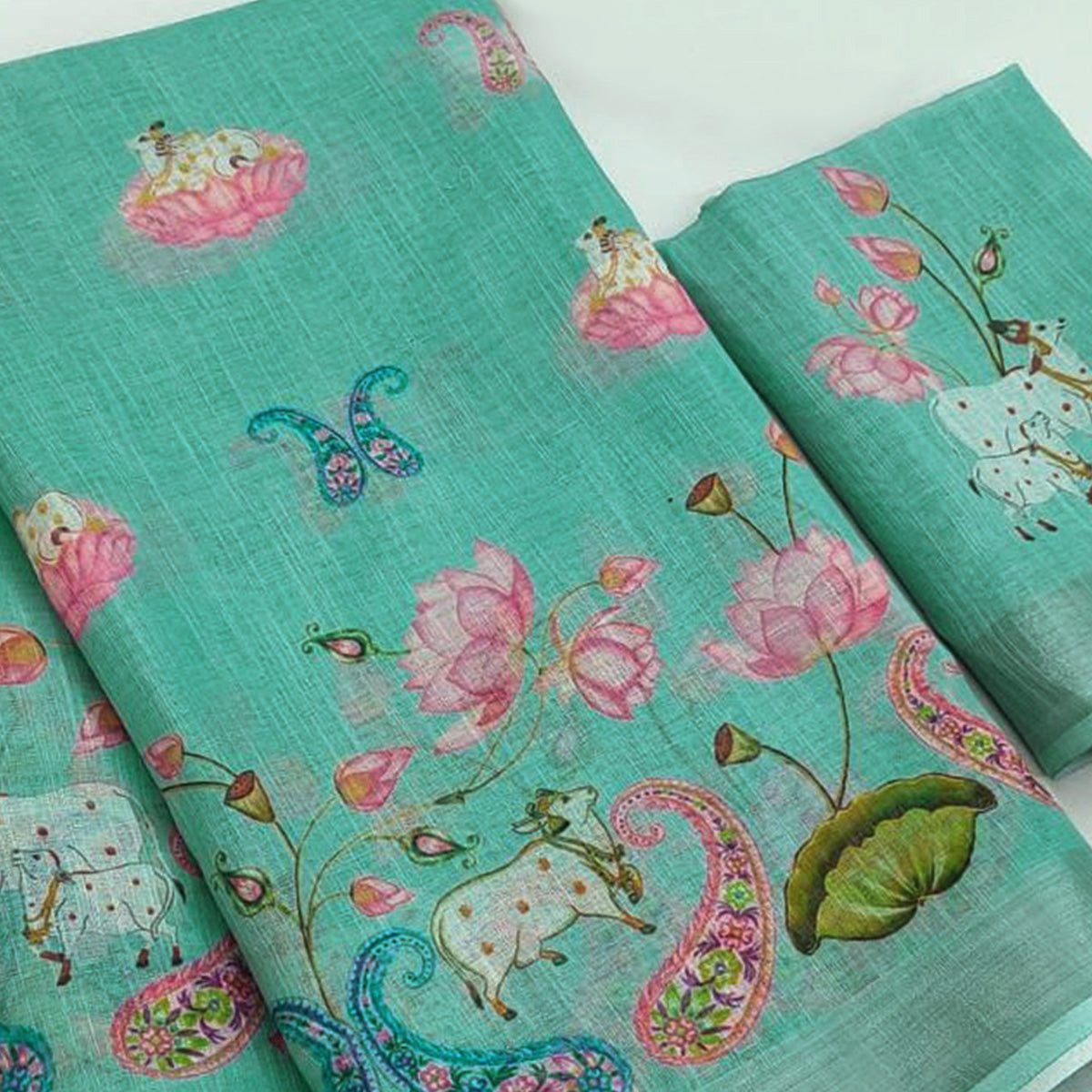 Turquoise Digital Printed Linen Saree