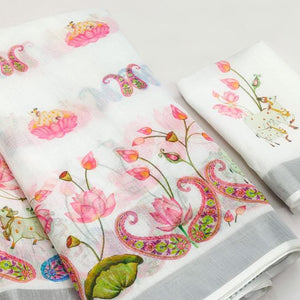 White Digital Printed Linen Saree
