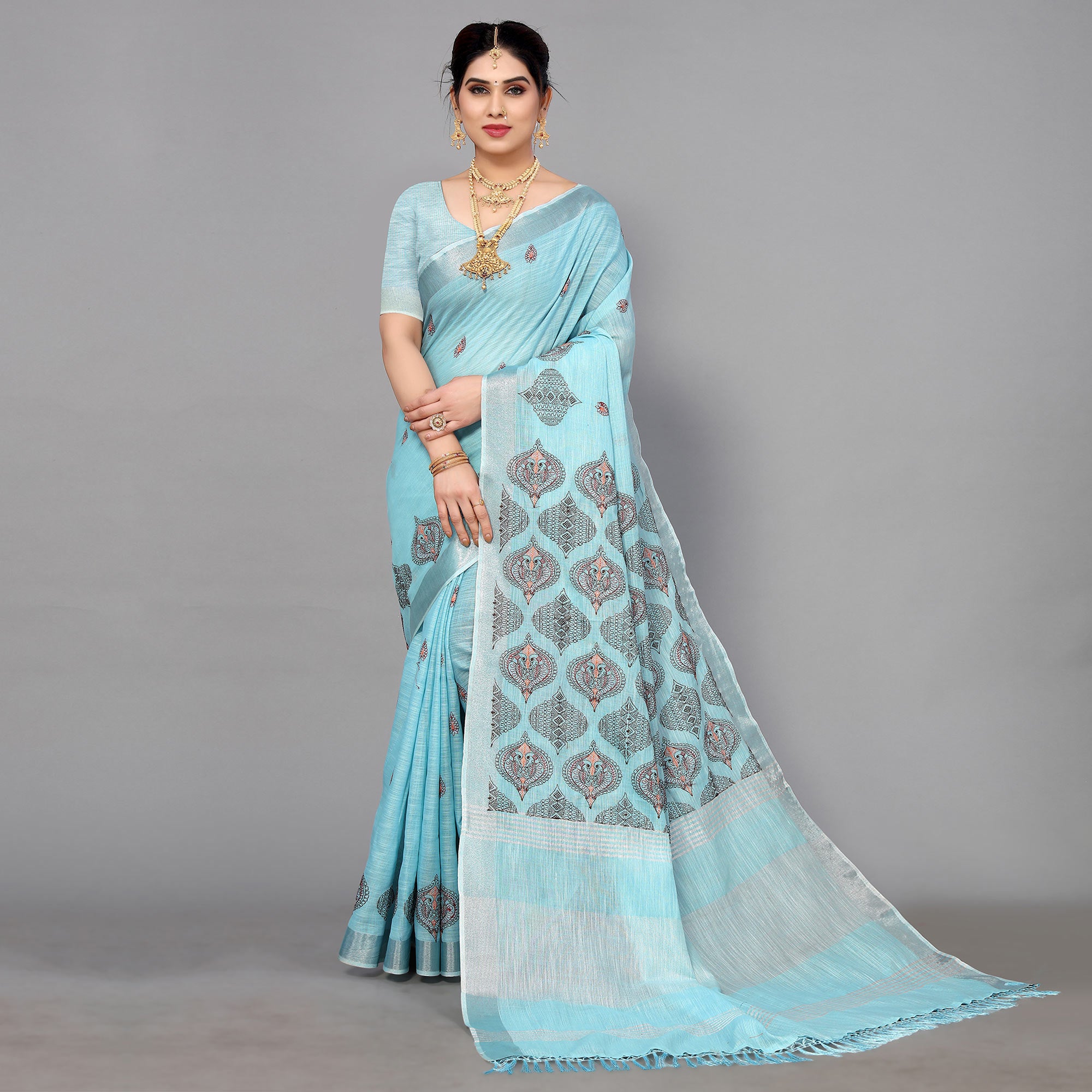 Blue Embroidered Cotton Silk Saree With Tassels