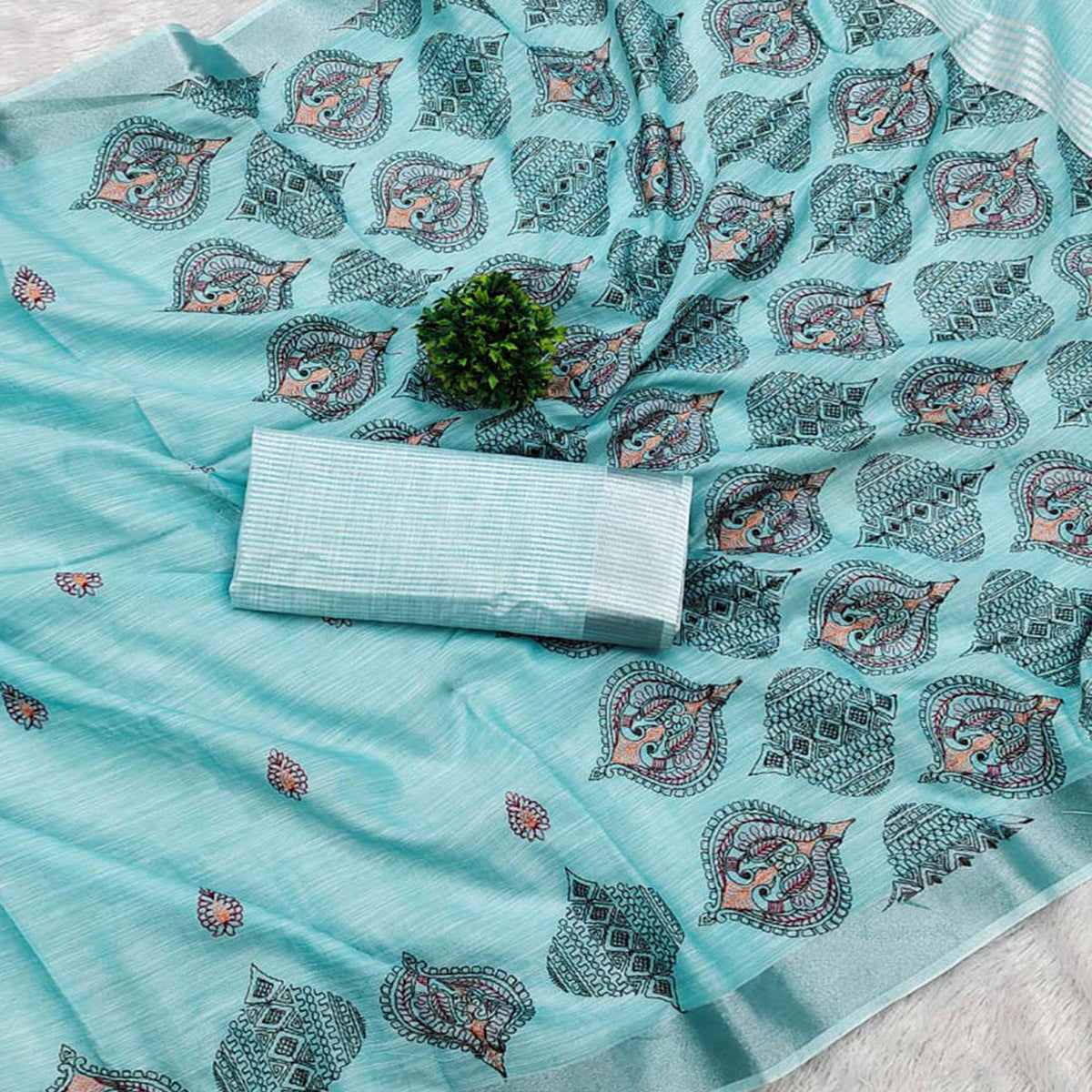 Blue Embroidered Cotton Silk Saree With Tassels
