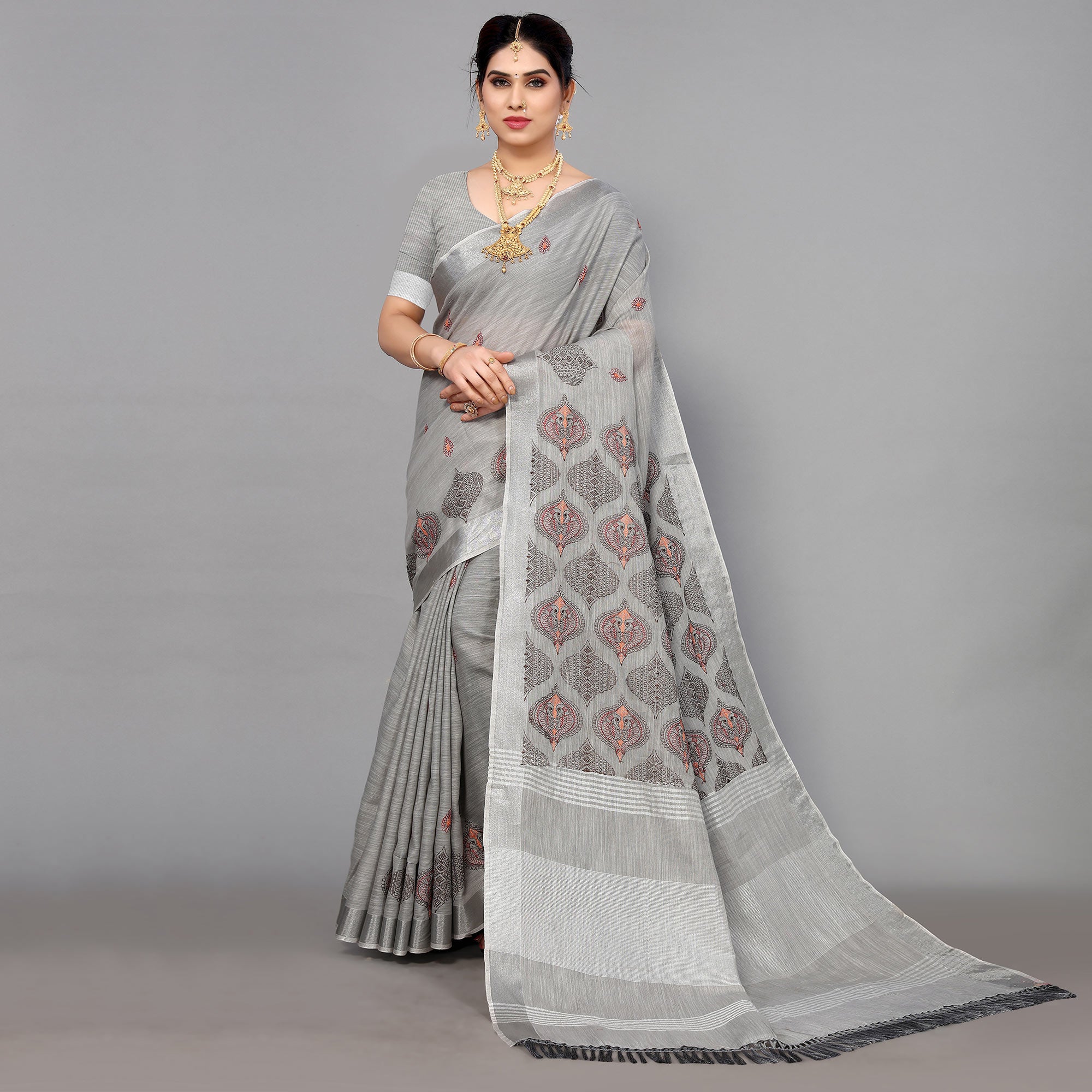 Grey Embroidered Cotton Silk Saree With Tassels