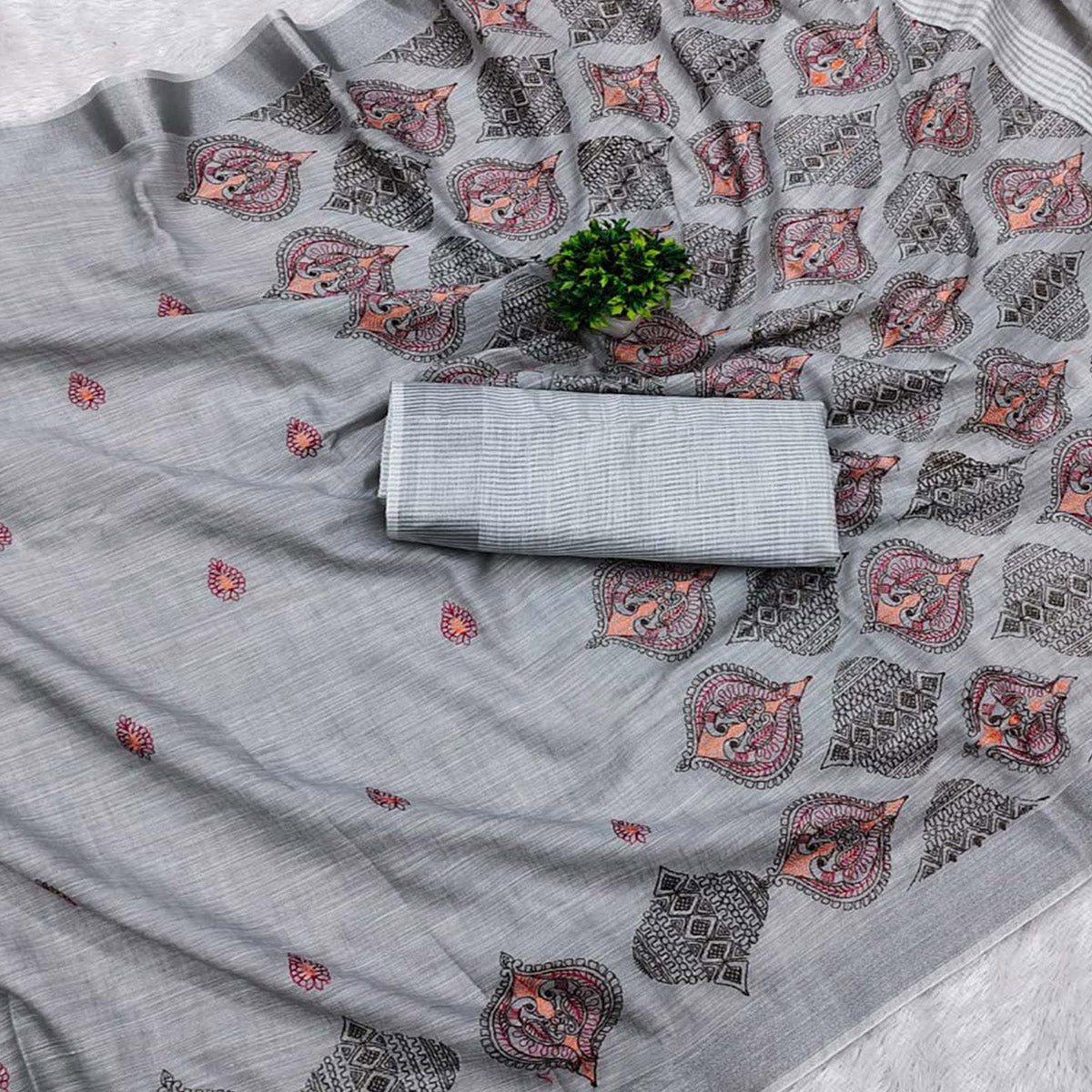 Grey Embroidered Cotton Silk Saree With Tassels