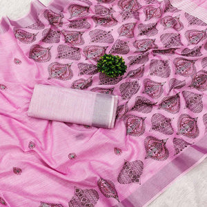 Pink Embroidered Cotton Silk Saree With Tassels